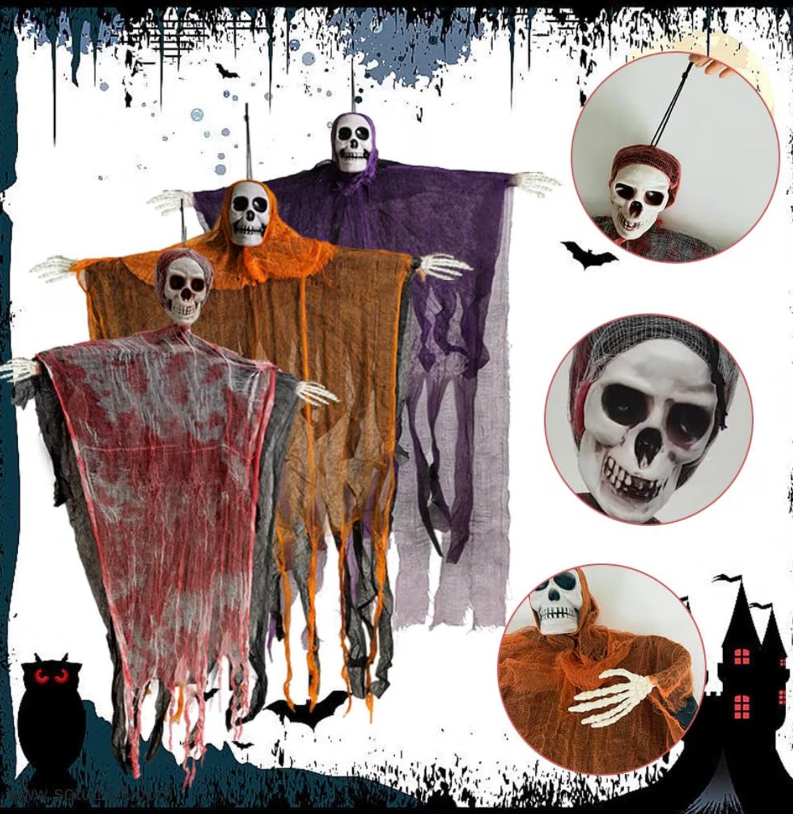 3-Pack Hanging Halloween Ghost Decorations | Bloody Gauze Skeleton Props