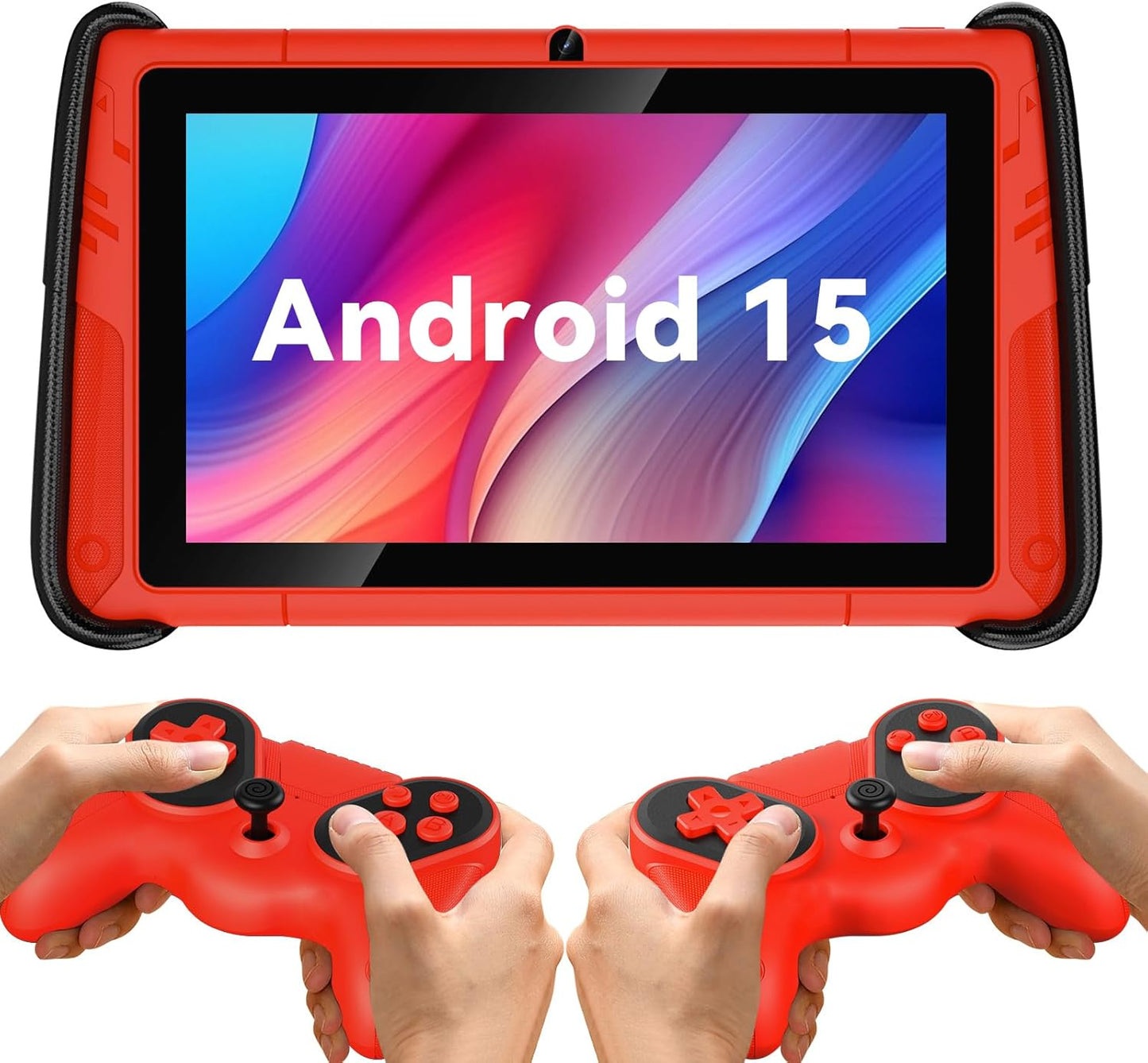 7 Inch Kids Tablets, Wifi Tablets for Kids, 8GB RAM, 32GB Rom,(Expandable 512GB), Toddler Tablet, Parental Control, Android 15, Sports Car Design, Toddler Tablet PC with Two Gamepad(Red).