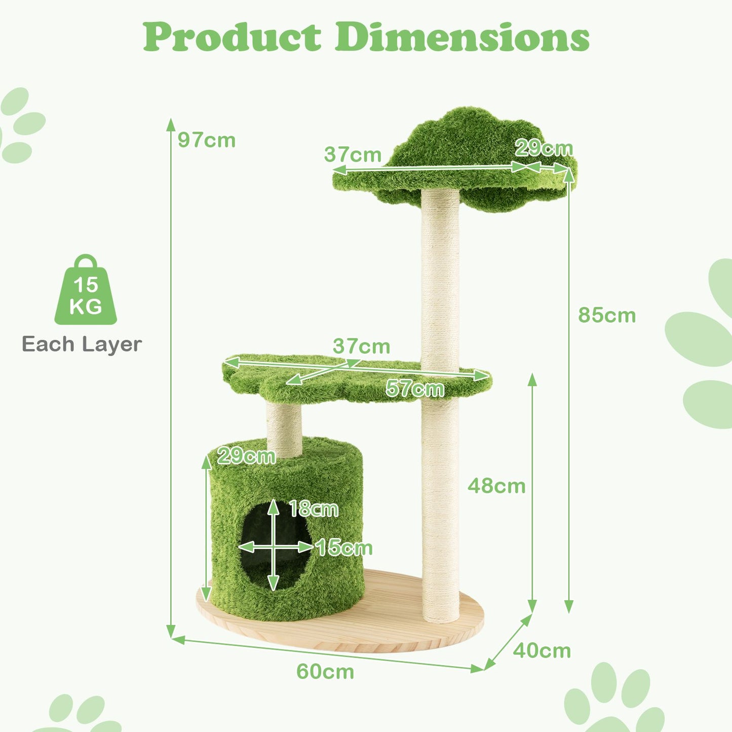 Deluxe 97 cm Cat Tree with Plush Green Cloud Platform and Fully Wrapped Sisal Scratching Posts