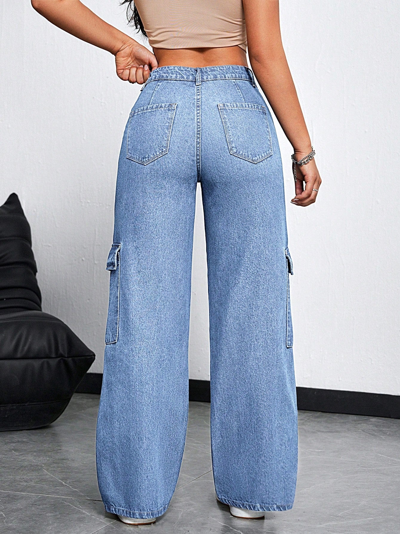 ICON Women'S Front Button Simple Multi-Pocket Casual Wide Leg Jeans, Daily Wear