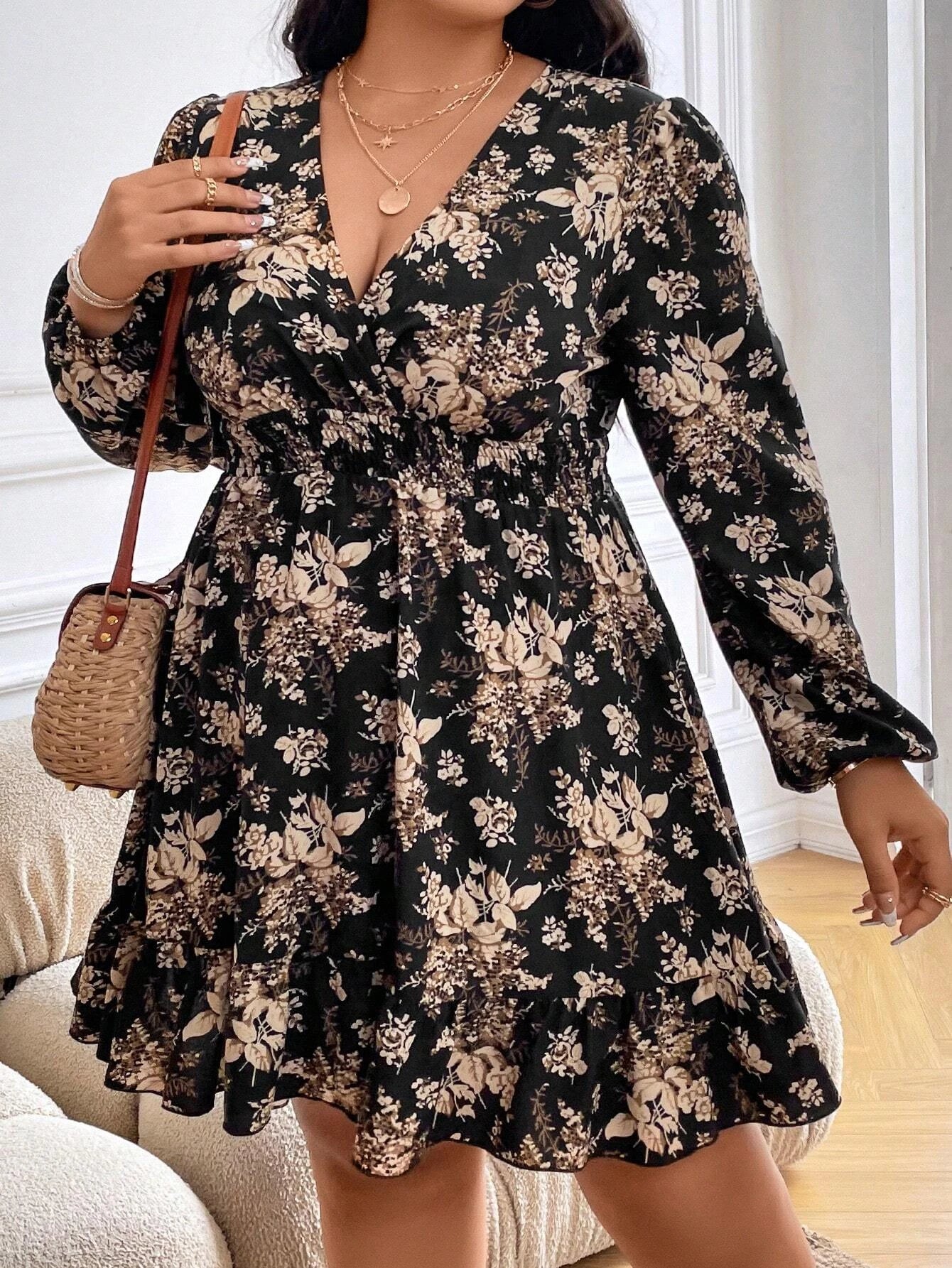 Plus Size Floral Print Lantern Sleeve Dress with Ruffle Hem by LUNE