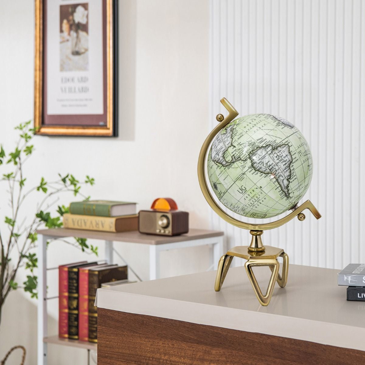 Elegant Interactive Educational Globe with Triangular Metal Stand and Realistic Meridian