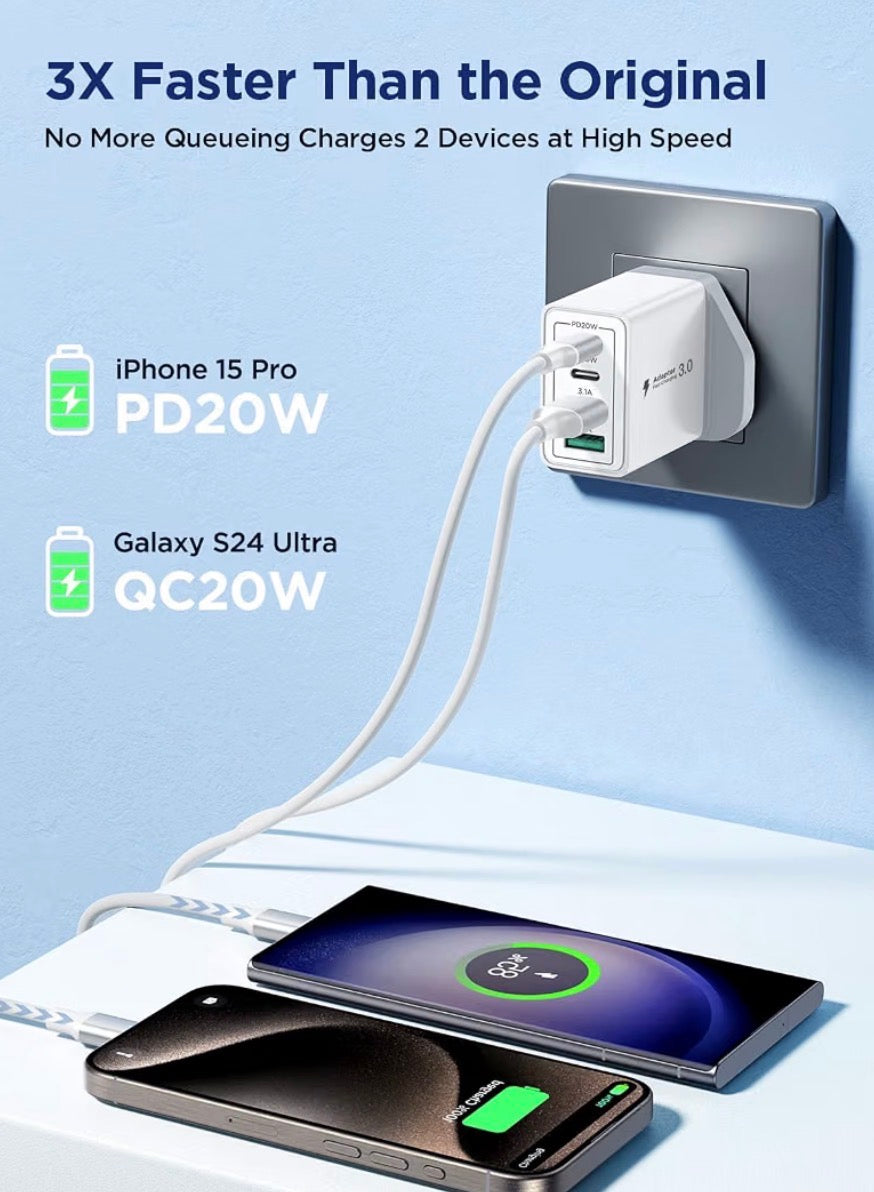 40W 4-Port USB-C Fast Charger Plug UK PD QC Multiport Wall Adapter