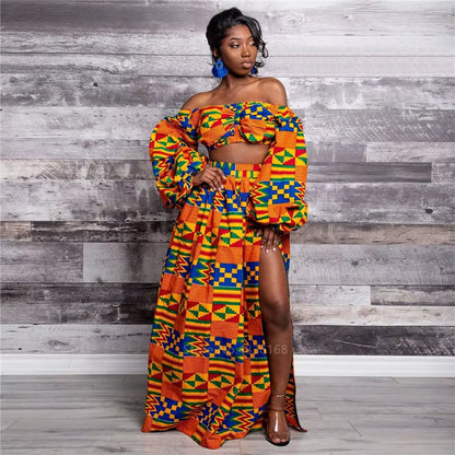 Women's Autumn 2-Piece Dashiki Print Dress Set with Off-Shoulder Full Sleeves and Split Skirt