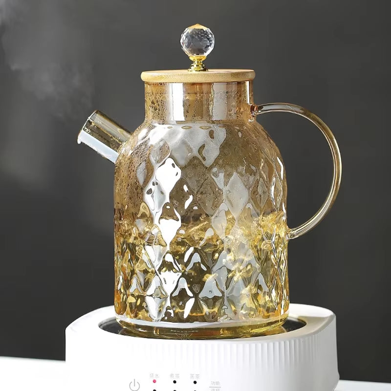 Glass Tea Kettle with Bamboo Lid and Removable Filter Spout Champagne Teapot for Loose Leaf Blooming Tea and Fruit Tea 1/1.8L