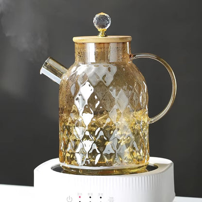 Glass Tea Kettle with Bamboo Lid and Removable Filter Spout Champagne Teapot for Loose Leaf Blooming Tea and Fruit Tea 1/1.8L