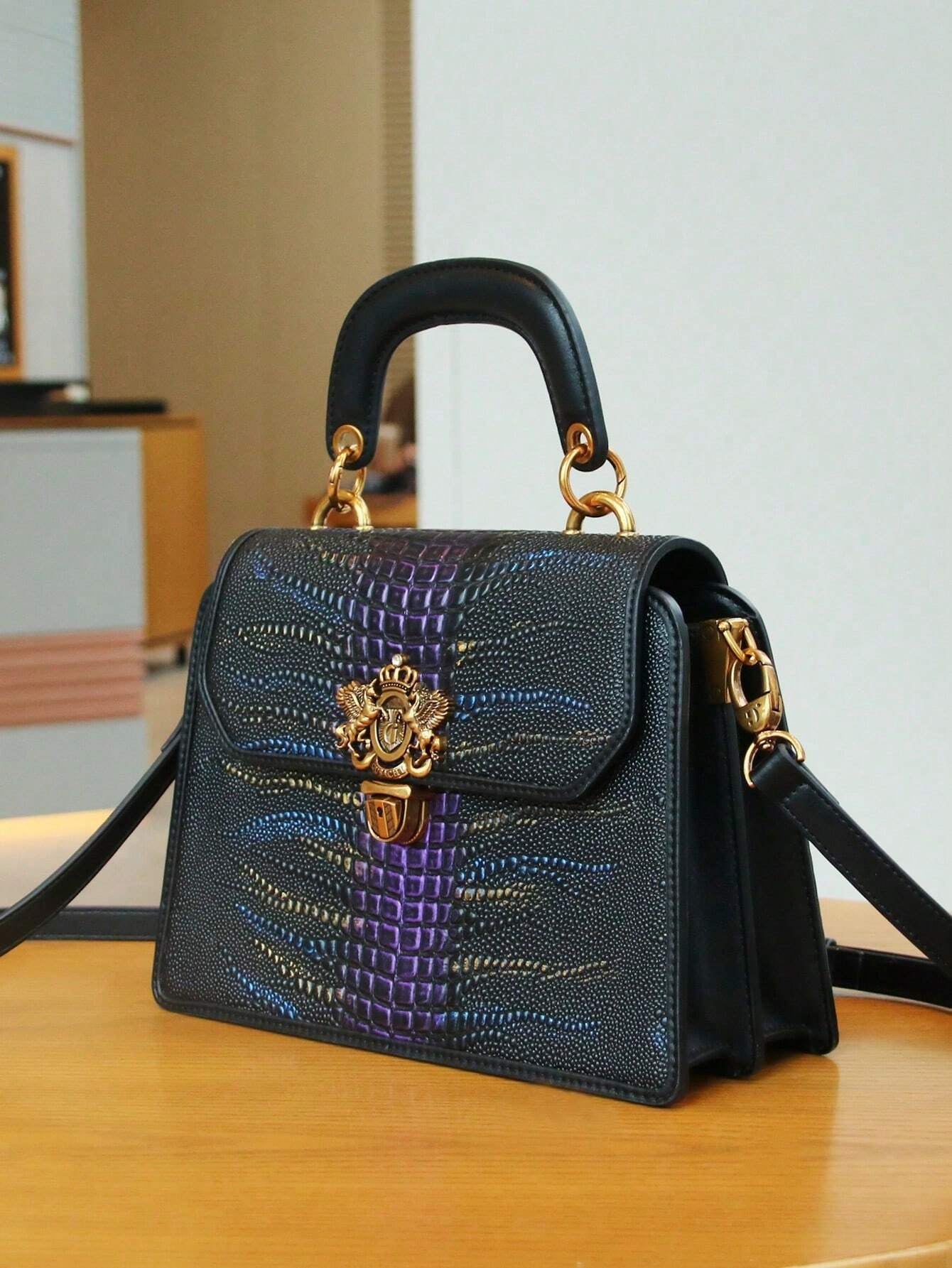 Luxury Custom 2025 New Vintage Women'S Handbag, Fashion Elaborate Luxurious Blue & Gold Snake Print Lock Ornament Tote Bag, Mature Style Shoulder & Crossbody Bag, Detachable Handle