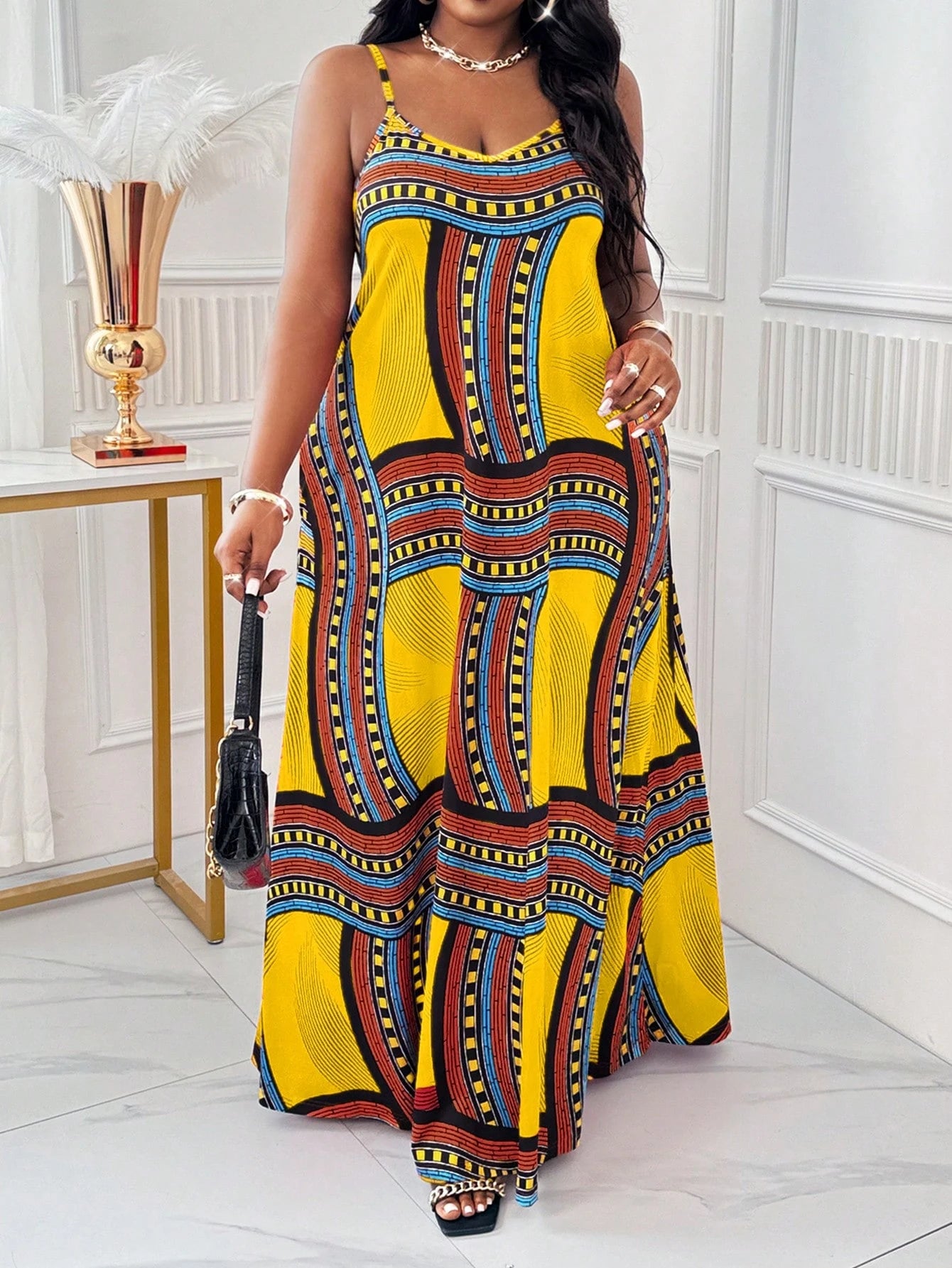 Women's Plus Size Spring and Summer Casual Beach Spaghetti Strap Gown - Plaid and African-Inspired Vacation Dresses for Women