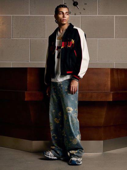 DENIM FLORAL PRINT CARPENTER JEANS