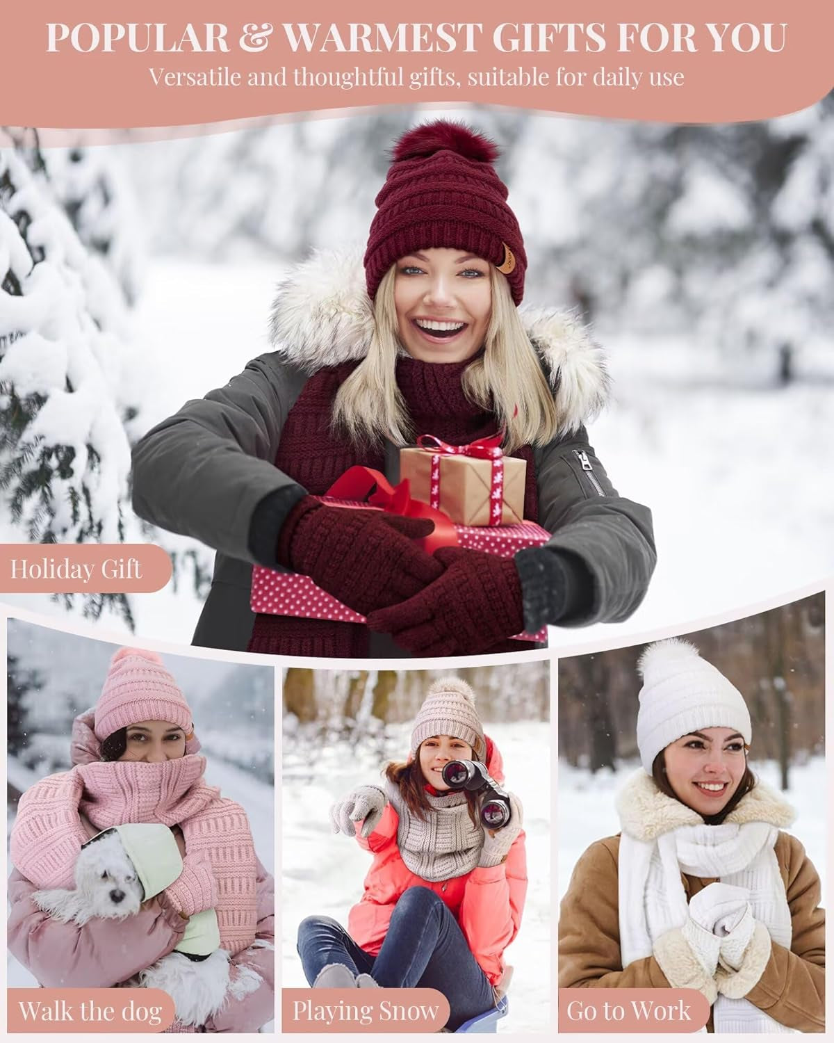 Hat Scarf and Gloves Set Ladies, Cute Pom Pom Winter Beanie Hat for Women with Warm Fleece Lined, Long Knit Bobble Touchscreen Gloves Women Scarf Neck Warmer 3 in 1 Cold Weather Gift Set