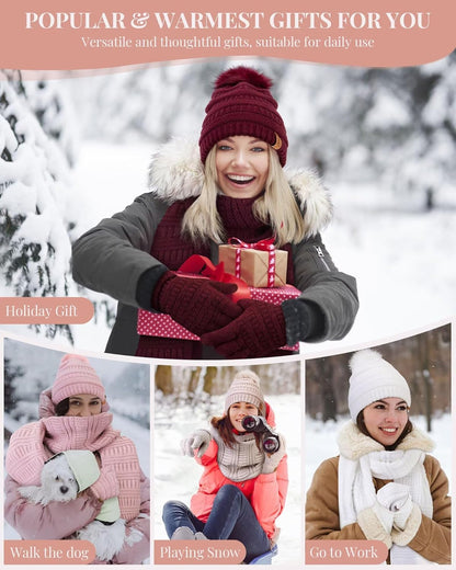 Hat Scarf and Gloves Set Ladies, Cute Pom Pom Winter Beanie Hat for Women with Warm Fleece Lined, Long Knit Bobble Touchscreen Gloves Women Scarf Neck Warmer 3 in 1 Cold Weather Gift Set