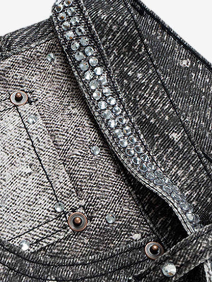 DENIM DISTRESSED BELT DIAMOND DECORATED JEANS