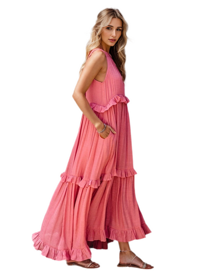 Ruffled Sleeveless Tiered Maxi Dress with Pockets