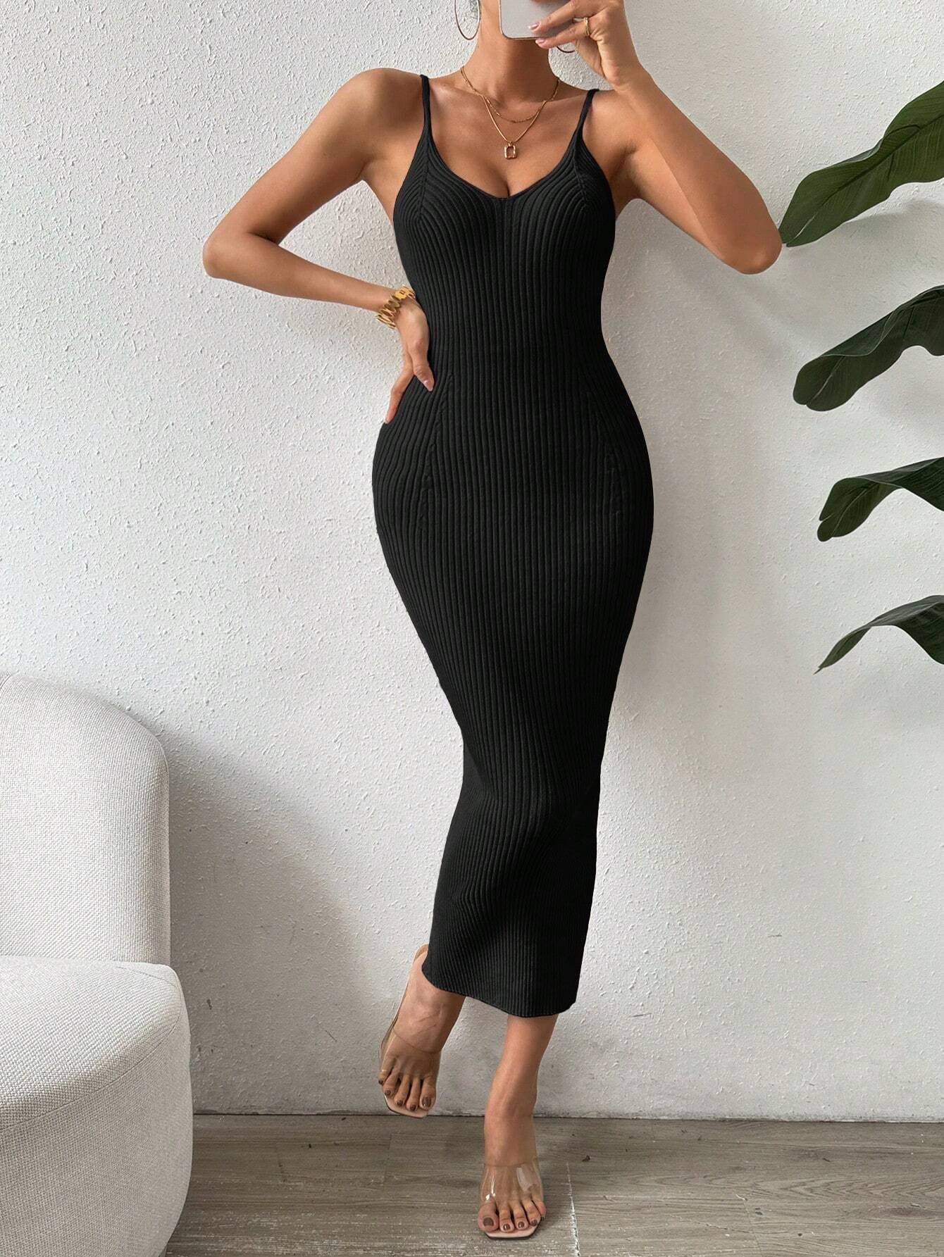 Raffinée Women's Elegant Solid Color Slim Fit Sleeveless Knit Sweater Dress