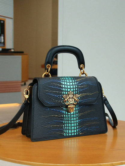 Luxury Custom 2025 New Vintage Women'S Handbag, Fashion Elaborate Luxurious Blue & Gold Snake Print Lock Ornament Tote Bag, Mature Style Shoulder & Crossbody Bag, Detachable Handle