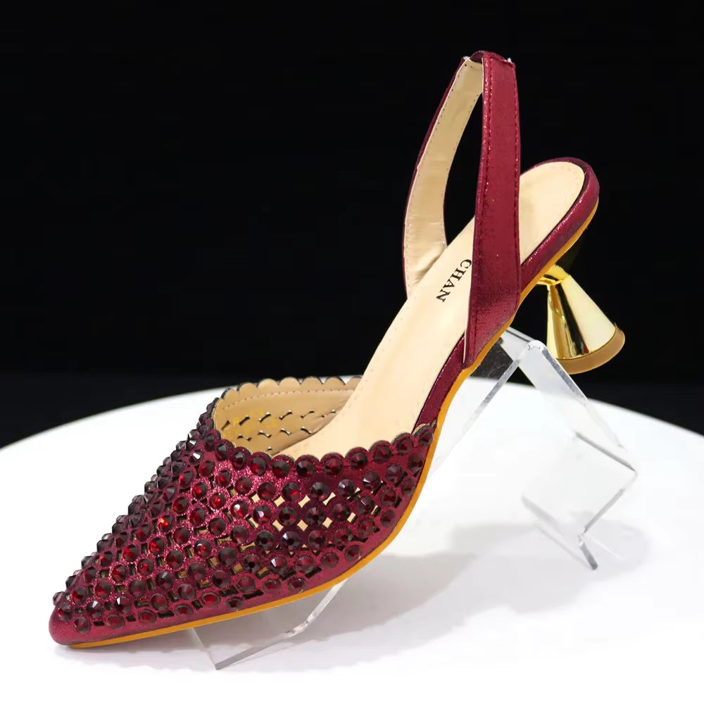 Pointed Toe Heels for Women 2023 Elegant Party Wine Color Full Diamond Pumps Italian Shoes and Bags Matching Set