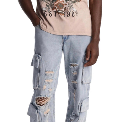 Straight Fractured Cargo Jeans Light Wash