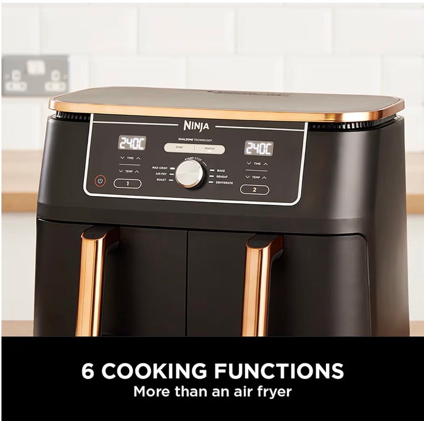 Foodi MAX Dual Zone Air Fryer, Amazon Exclusive, Tongs, 2 Drawers, 9.5L, 6-in-1, Use No Oil, Air Fry, Max Crisp, Roast, Bake, 8 Portions, Nonstick Dishwasher Safe Baskets, Copper/Black AF400UKCP