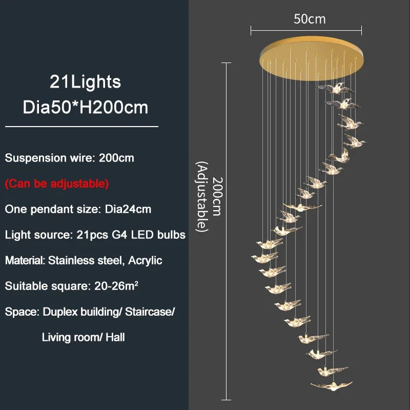 Luxury Led Chandelier for Staircase Modern Home Decor Hanging Lamp Creative Bird Design Lighting Acrylic Living Room Lustre