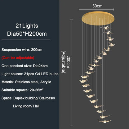 Luxury Led Chandelier for Staircase Modern Home Decor Hanging Lamp Creative Bird Design Lighting Acrylic Living Room Lustre