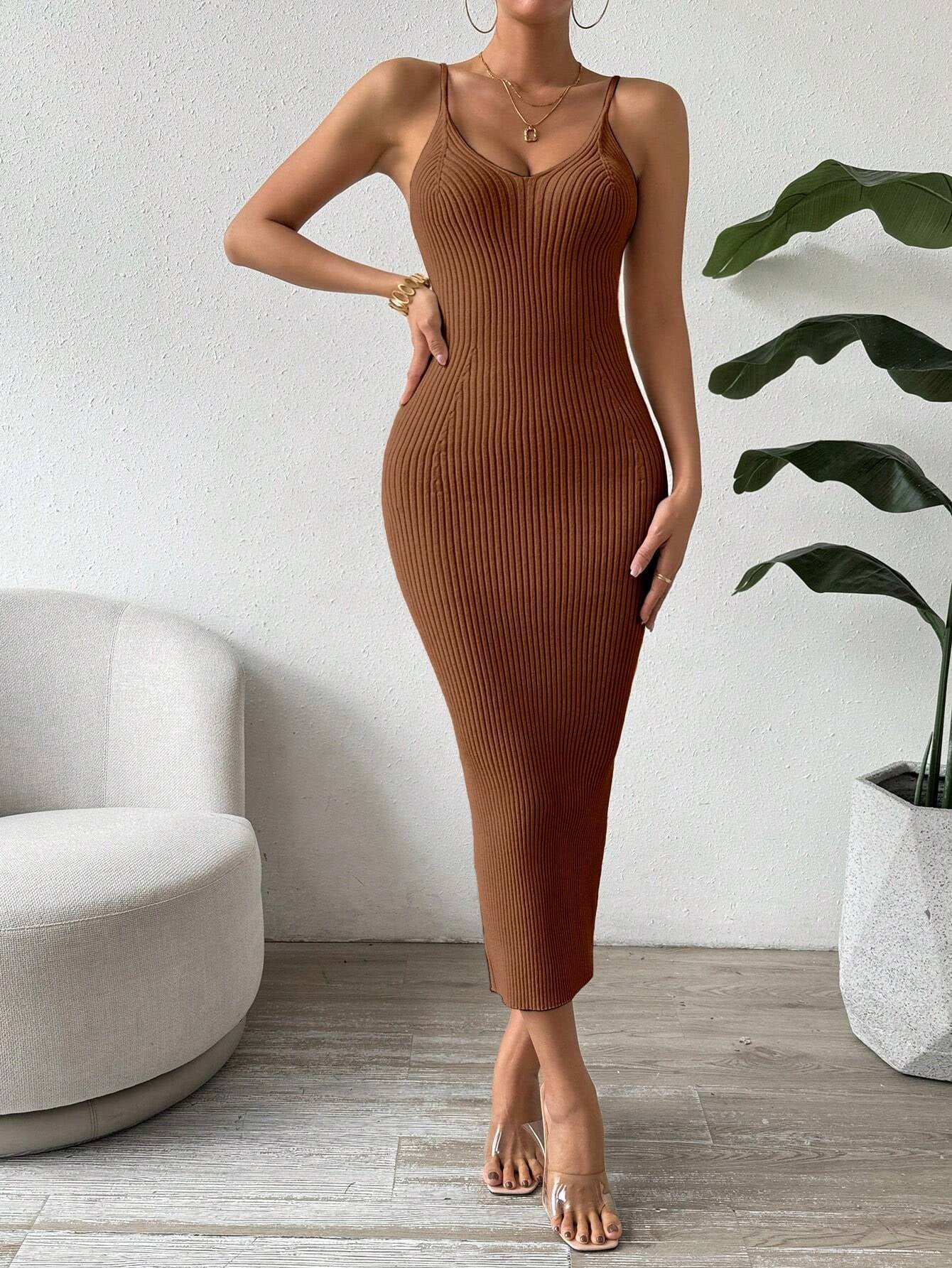 Raffinée Women's Elegant Solid Color Slim Fit Sleeveless Knit Sweater Dress