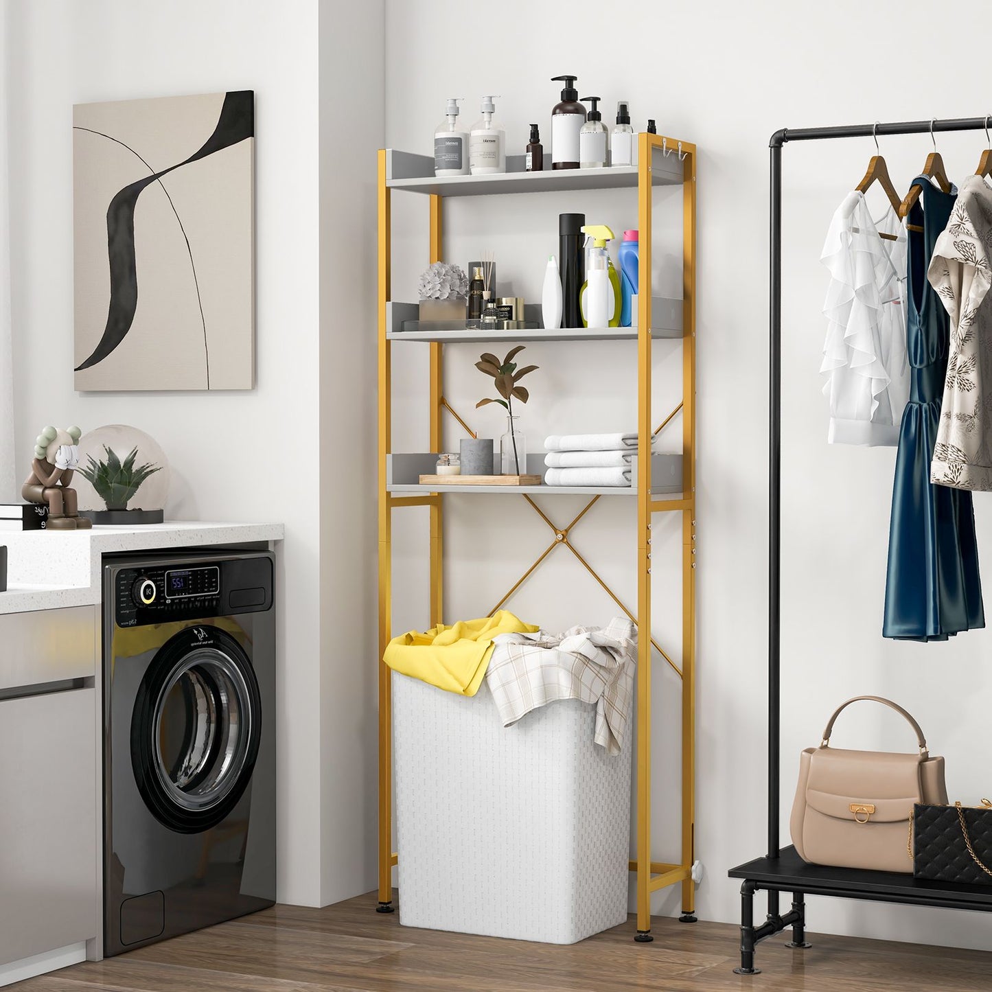 Three-Tier Over-the-Toilet Storage Rack with Four Hooks and Adjustable Base Bar