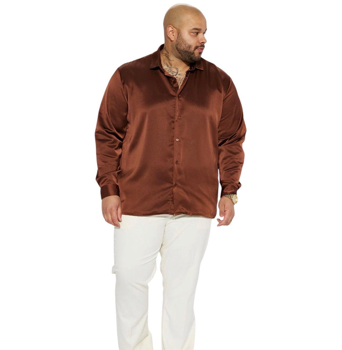 Links Satin Long Sleeve Button Up Shirt Chocolate
