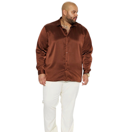 Links Satin Long Sleeve Button Up Shirt Chocolate