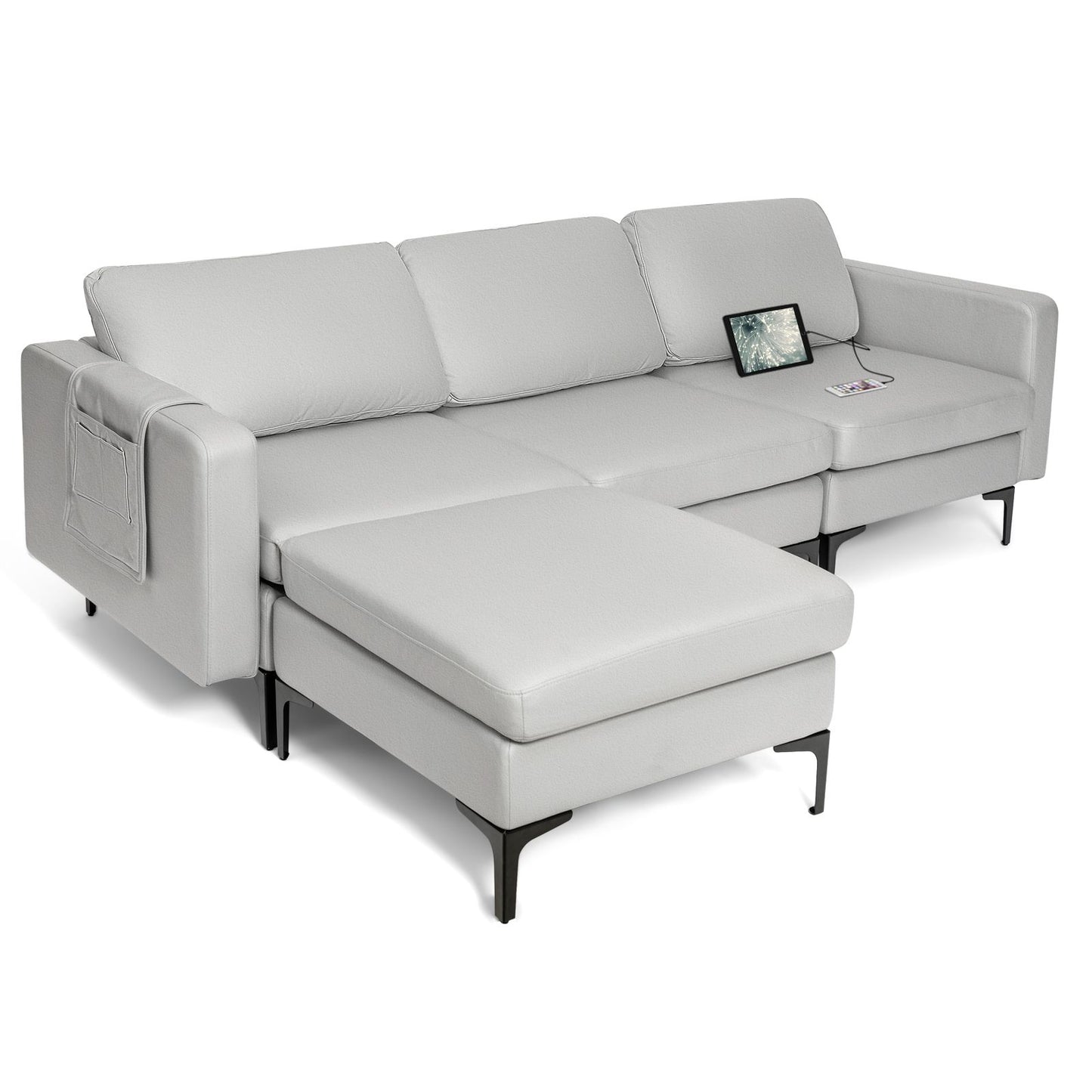 Modular L-Shaped Sofa with Reversible Ottoman and Integrated Power Outlet