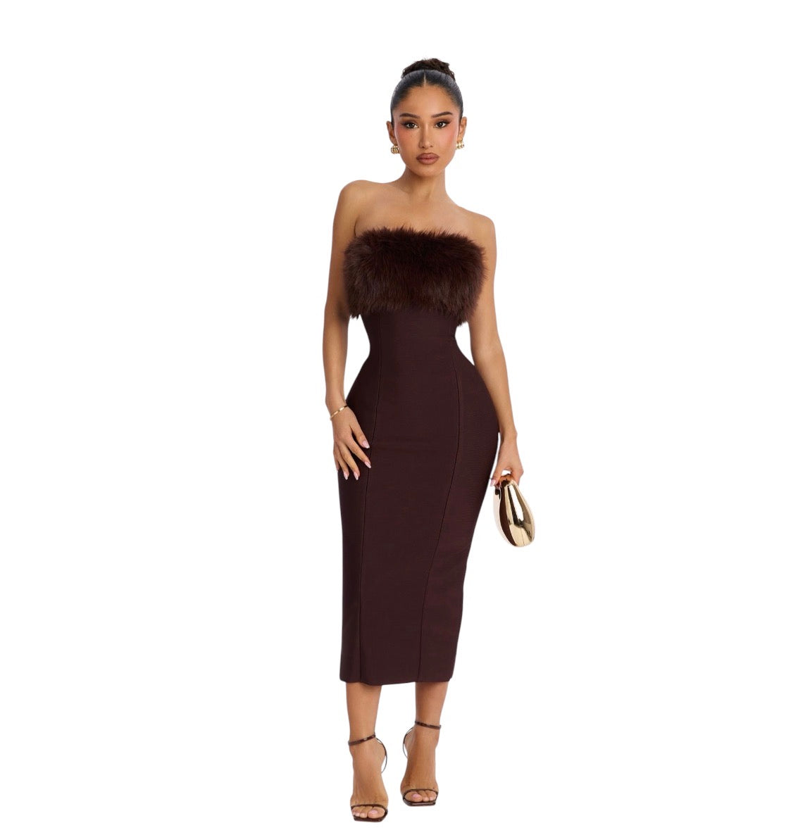 Malika Fur Trim Bandage Midi Dress Chocolate
