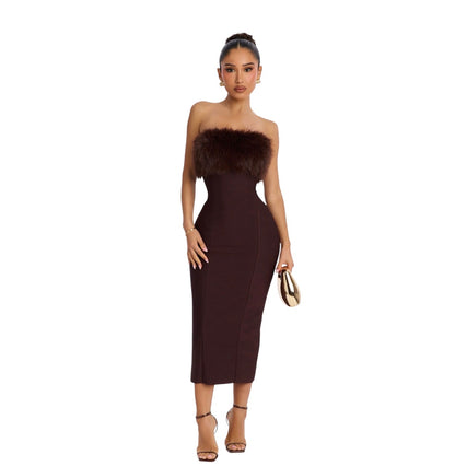 Malika Fur Trim Bandage Midi Dress Chocolate
