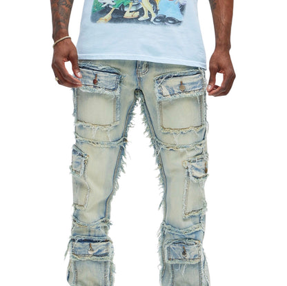 One Way Cargo Frayed Straight Jeans Medium Wash
