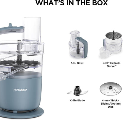 , Multipro Go FDP22.​130GY, Food Processor, for Chopping, Slicing, Grating, Pureeing and Kneading Dough, with Express Serve, 1.3L Bowl, Knife Blade, 4Mm Slicing/Grating Disk, 650 Watts, Grey
