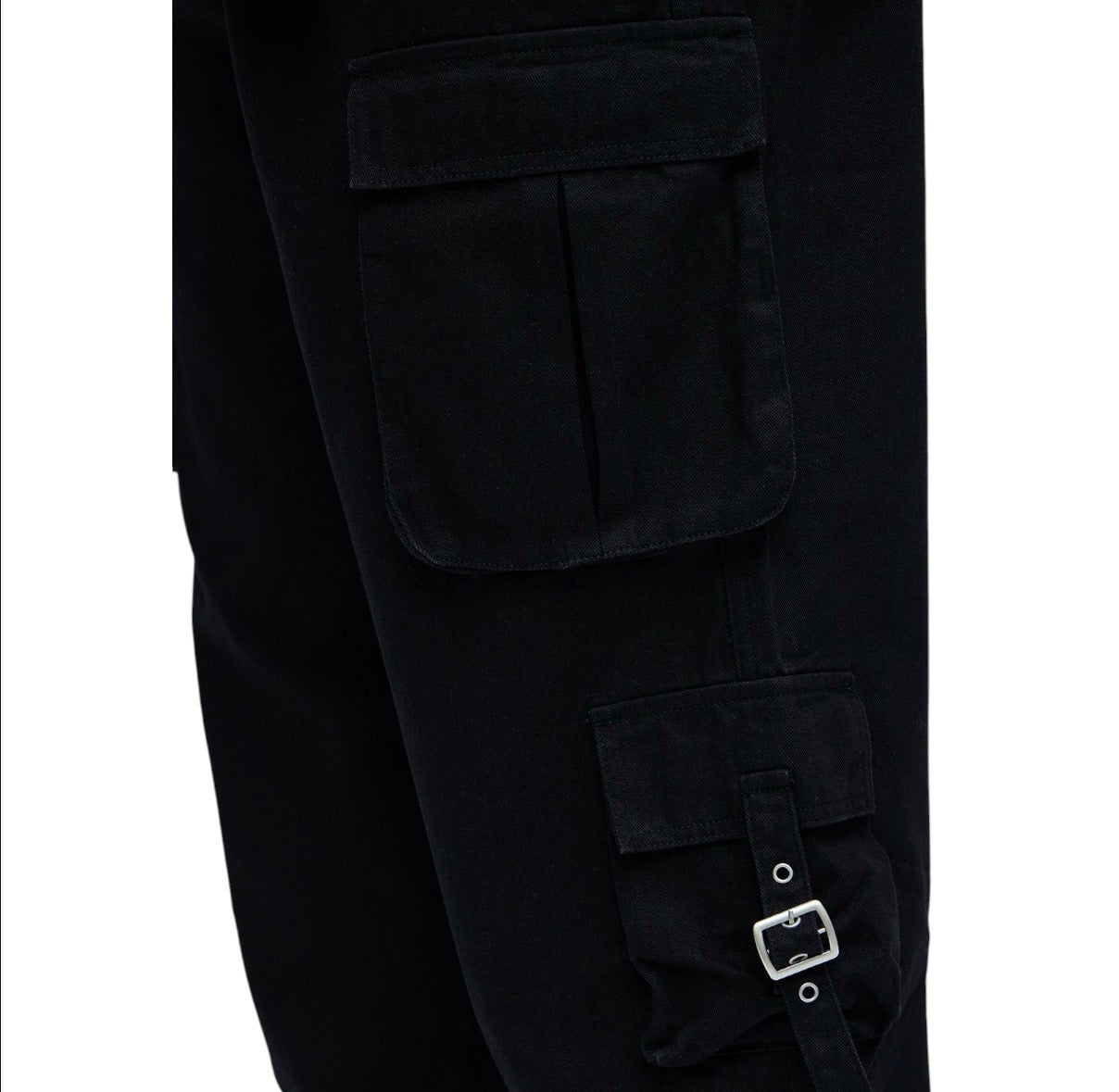 These Streets Cargo Buckle Straps Baggy Jeans Black