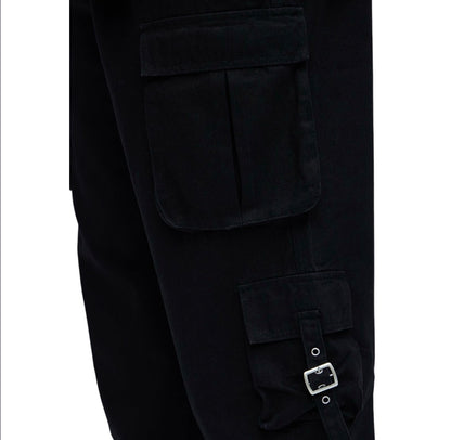 These Streets Cargo Buckle Straps Baggy Jeans Black