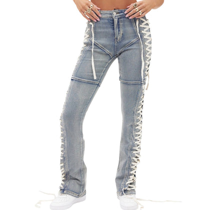 Jaw Dropper Stretch Lace Up Bootcut Jeans Medium Wash