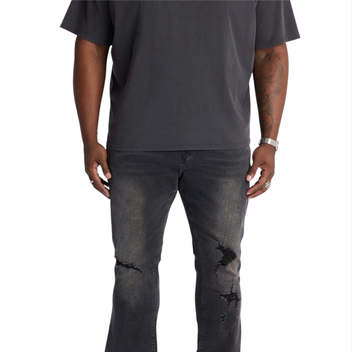 Stacked Skinny Flare Slit Dare Me Distressed Jeans Black Wash