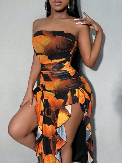 SXY Summer Butterfly Print Flared High-Low Bandeau Bodycon Dress