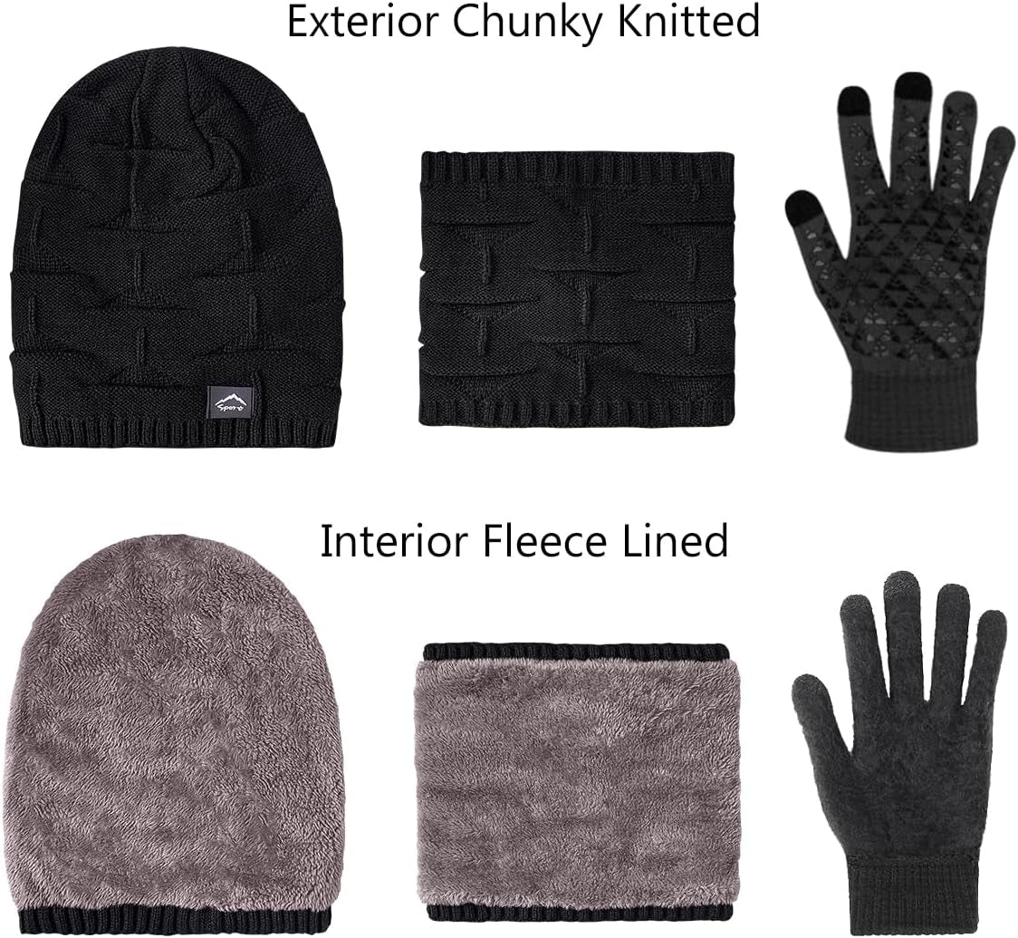 Winter Beanie Hat Scarf Touchscreen Gloves Set for Men Women,Slouchy Knit Ski Cap Neck Warmer with Fleece Lined for Unisex