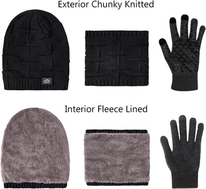 Winter Beanie Hat Scarf Touchscreen Gloves Set for Men Women,Slouchy Knit Ski Cap Neck Warmer with Fleece Lined for Unisex