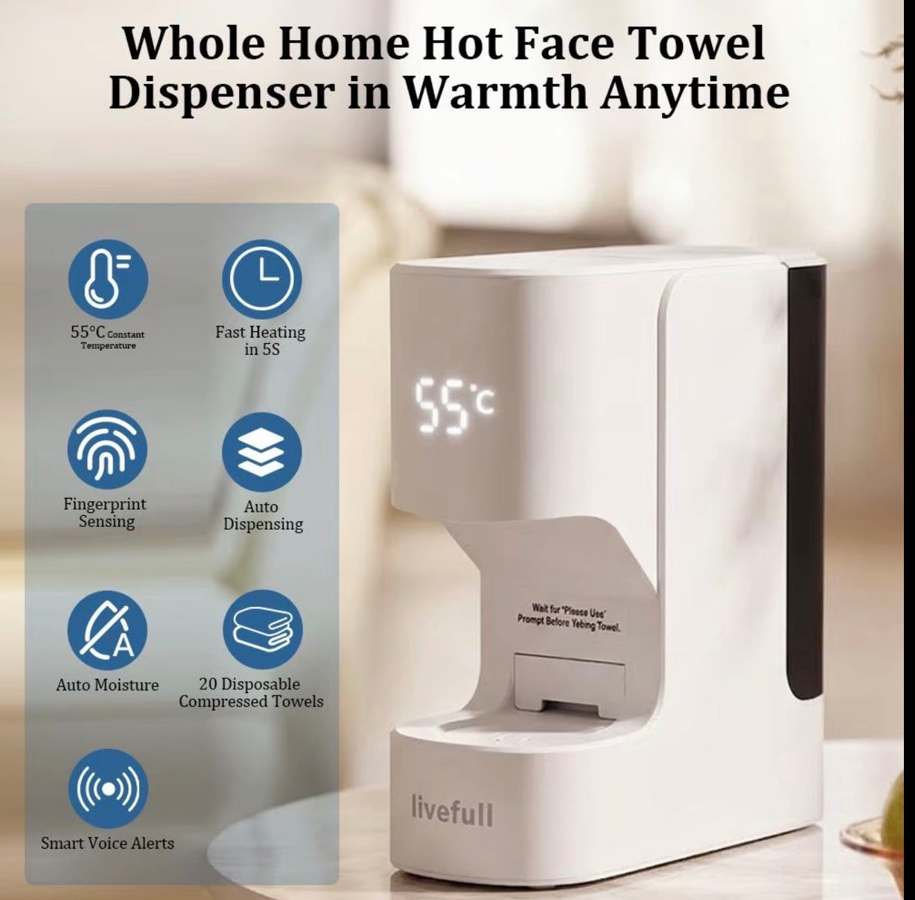 Livefull Smart Hot Face Towel Heater Machine CL01, 5s Fast Heating & 55°C Constant Temperature, Auto Dispensing Towel Warmer with Smart Voice Alerts, Includes 20 Compressed Towels, Luxury Home Spa