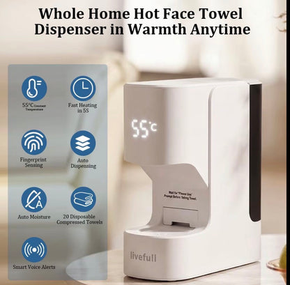 Livefull Smart Hot Face Towel Heater Machine CL01, 5s Fast Heating & 55°C Constant Temperature, Auto Dispensing Towel Warmer with Smart Voice Alerts, Includes 20 Compressed Towels, Luxury Home Spa
