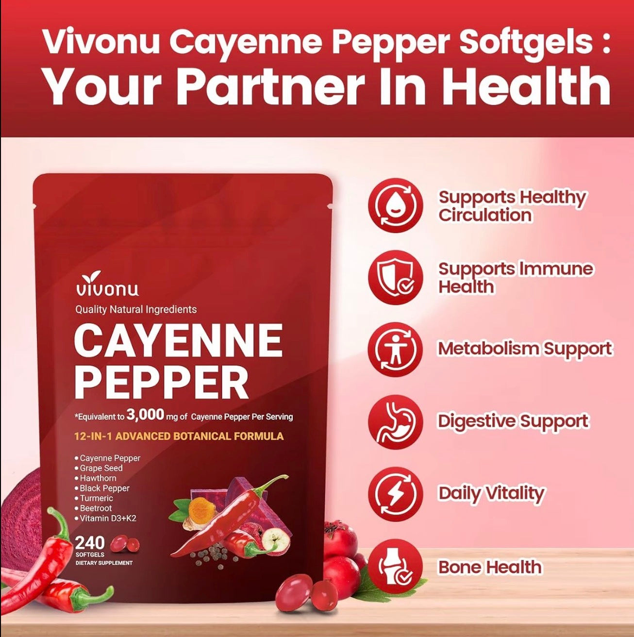 VivoNu Cayenne Pepper Softgels 240 Count Vitamin D3 K2 E Supplement