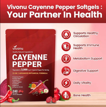VivoNu Cayenne Pepper Softgels 240 Count Vitamin D3 K2 E Supplement