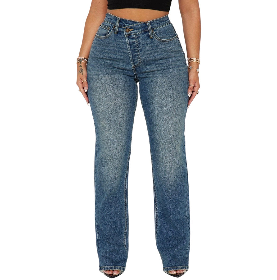 In Sync Stretch Crossover Straight Leg Jeans Dark Wash