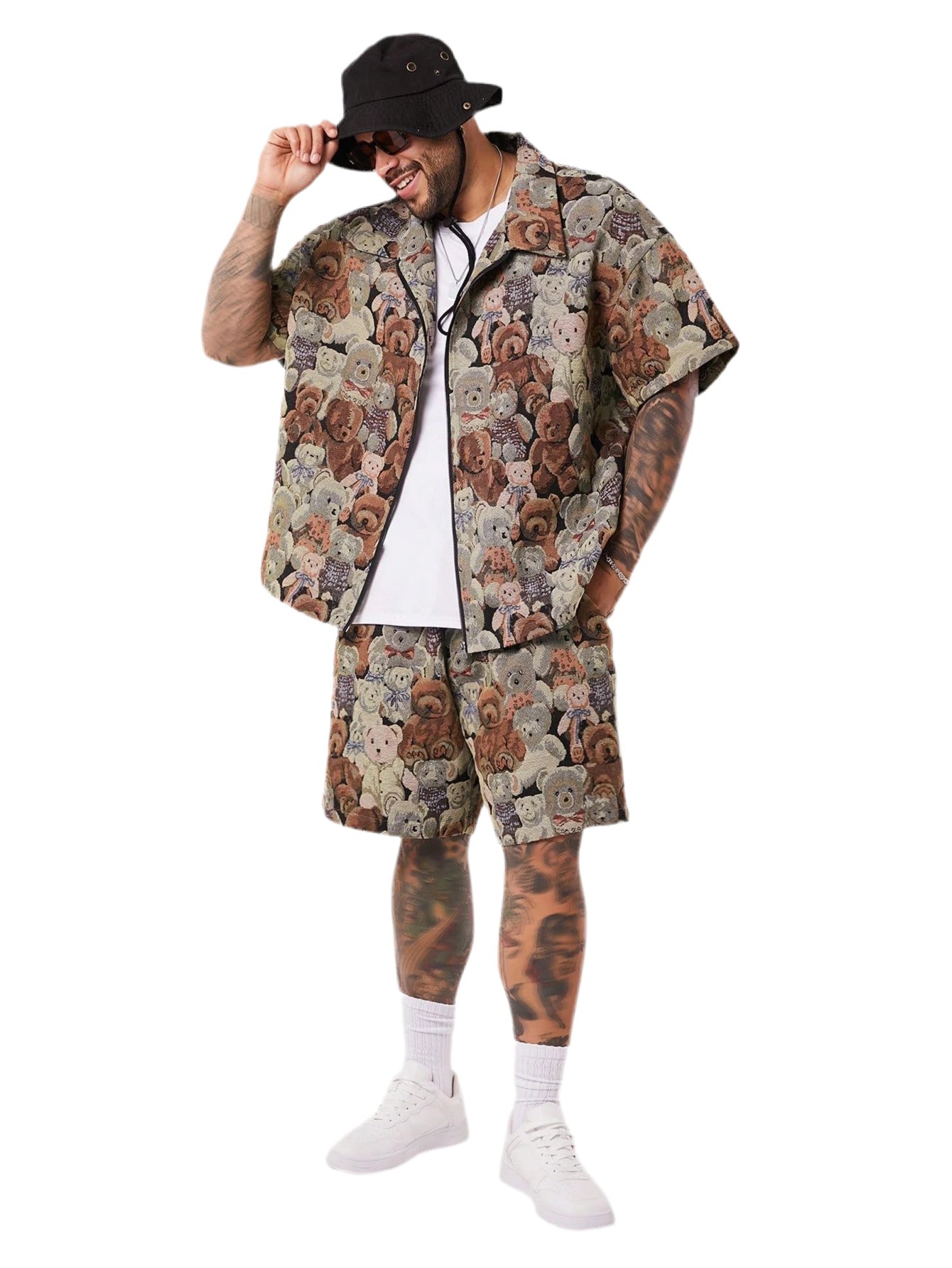 EASEVO 2-Piece Plus Size Men’s Set | Relaxed Fit Bear Print Zip-Up Shirt & Matching Pants | Comfortable & Stylish Casual Wear