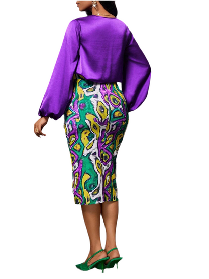 Women’s Purple Satin Shirt & African Totem Print Suit – Elegant Fall Outfit for Thanksgiving & Masquerades