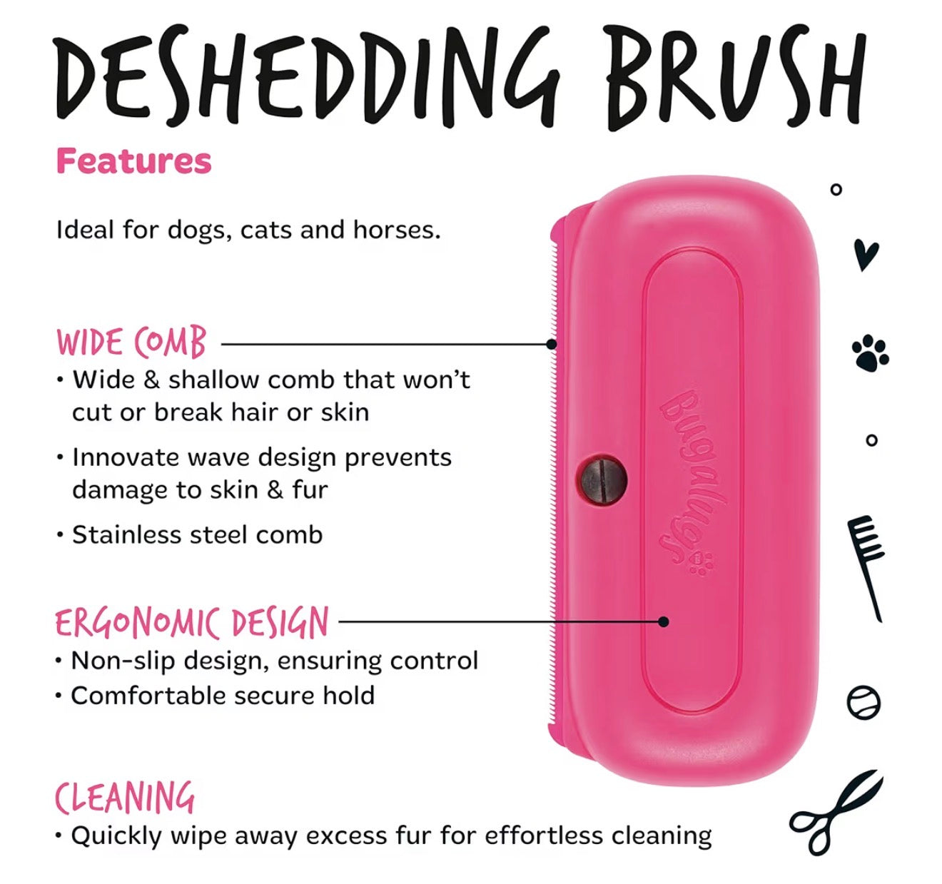 Bugalugs Deshedding Brush for Dogs Cats & Horses