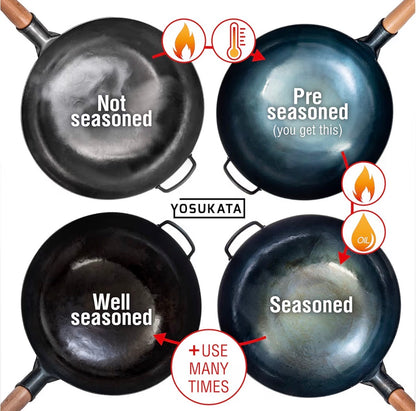 YOSUKATA 36 cm Round Bottom Carbon Steel Wok Pan – Blue Pre-Seasoned Pow Wok for Stir Fry, BBQ, Grill & Camping – Traditional Japanese & Chinese Cookware – Compatible with Gas Stoves & Open Fire Only