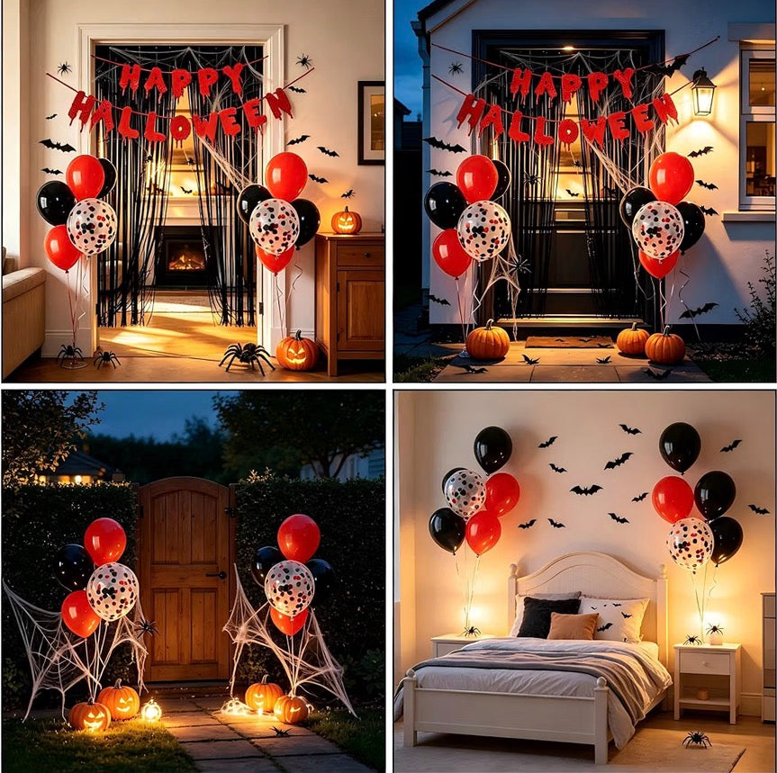 Halloween Party Decorations Set – Banner, Balloons & Black Fringe Backdrop | Minja Superstore